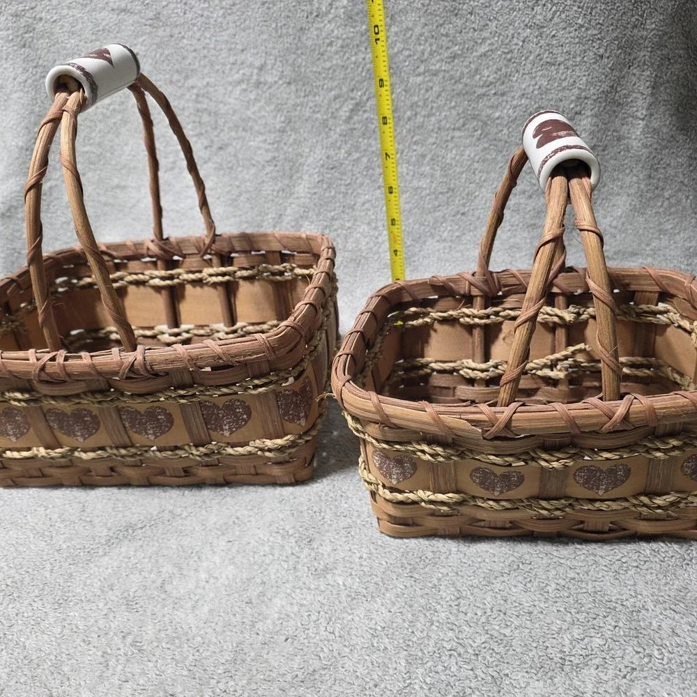 2 Vintage Cottagecore Wicker Baskets Heart Ceramic Handle Grandma Farmhouse